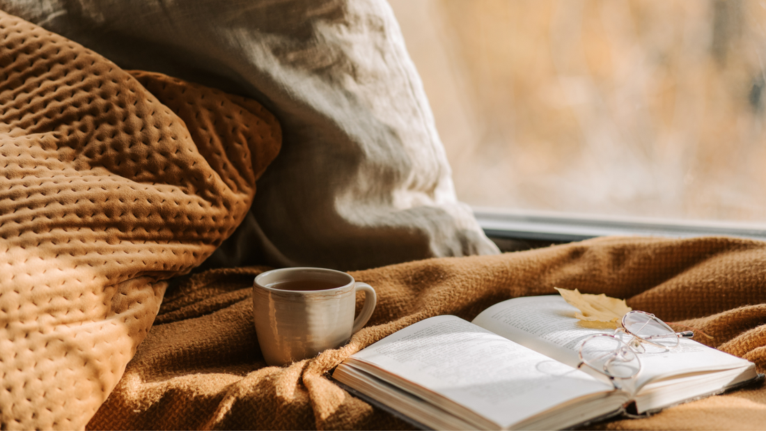 Cozy fall scene with a blanket, pillows, coffee and a book by the window