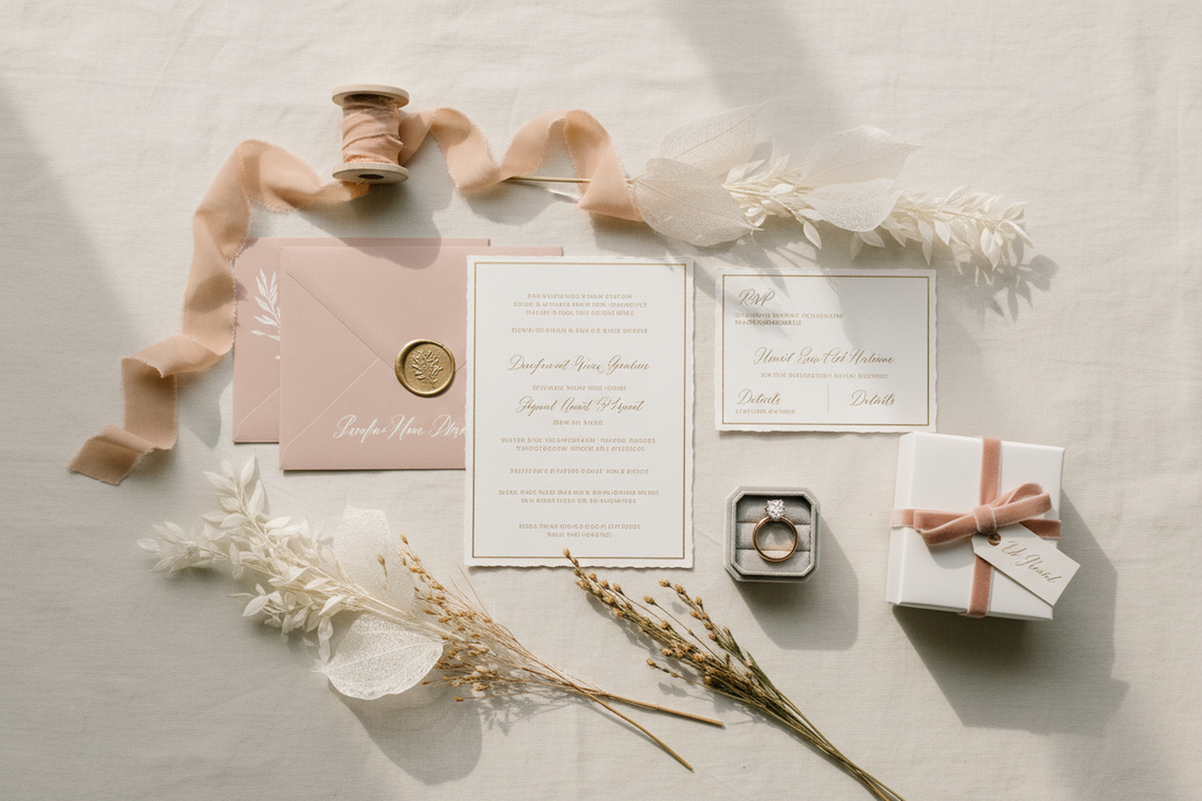 Elegant Flatlay Wedding Moodboard for Gifts, Stationery & Keepsakes